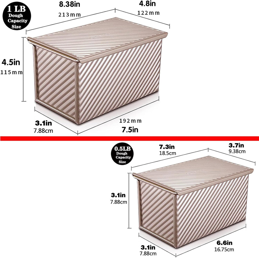 2 Pack Pullman Loaf Pan with Lid, 1 lb/0.5 lb Dough Capacity, Carbon Steel Corrugated, Non-Stick Sandwich Bread Loaf Pan with Lid