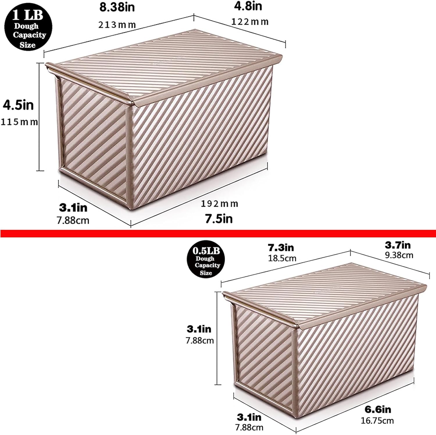 2 Pack Pullman Loaf Pan with Lid, 1 lb/0.5 lb Dough Capacity, Carbon Steel Corrugated, Non-Stick Sandwich Bread Loaf Pan with Lid