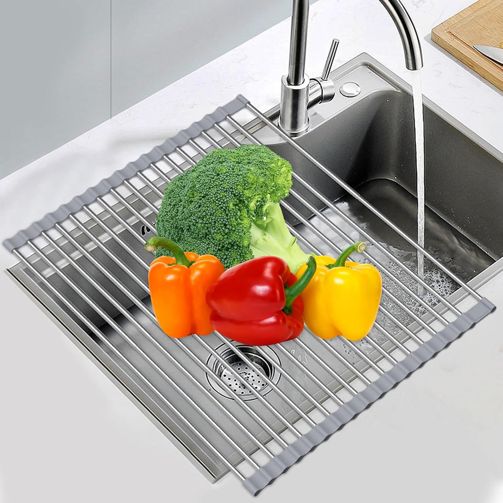 Expandable Roll Up Dish Drying Rack, 23.6"L x 15.7"W Large Stainless Steel Over The Sink Dish Drying Rack with Silicone Wrapped Anti-Slip Foldable Multipurpose Dish Drainers for Kitchen Sink