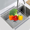 Expandable Roll Up Dish Drying Rack, 23.6"L x 15.7"W Large Stainless Steel Over The Sink Dish Drying Rack with Silicone Wrapped Anti-Slip Foldable Multipurpose Dish Drainers for Kitchen Sink