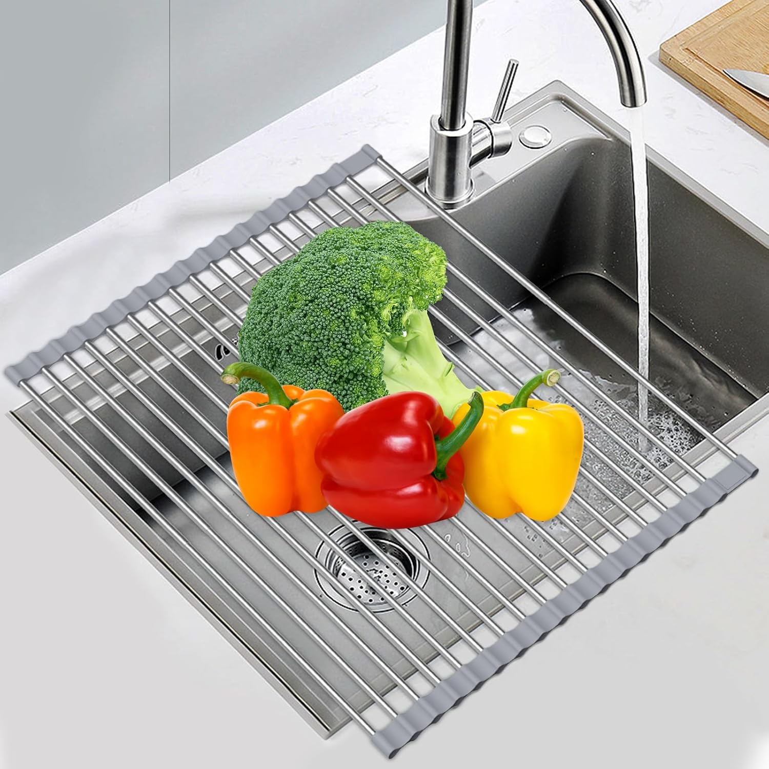Expandable Roll Up Dish Drying Rack, 23.6"L x 13.0"W Large Stainless Steel Over The Sink Dish Drying Rack with Silicone Wrapped Anti-Slip Foldable Multipurpose Dish Drainers for Kitchen Sink