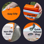 Collapsible Large (8L) BBQ Marinating Tub w/Cutting Board | Multipurpose Food-Grade TPE Prep Tub w/Lid | Built-in Colander & Drain Plug - for Camping | Tailgate | Picnic - Bold Orange