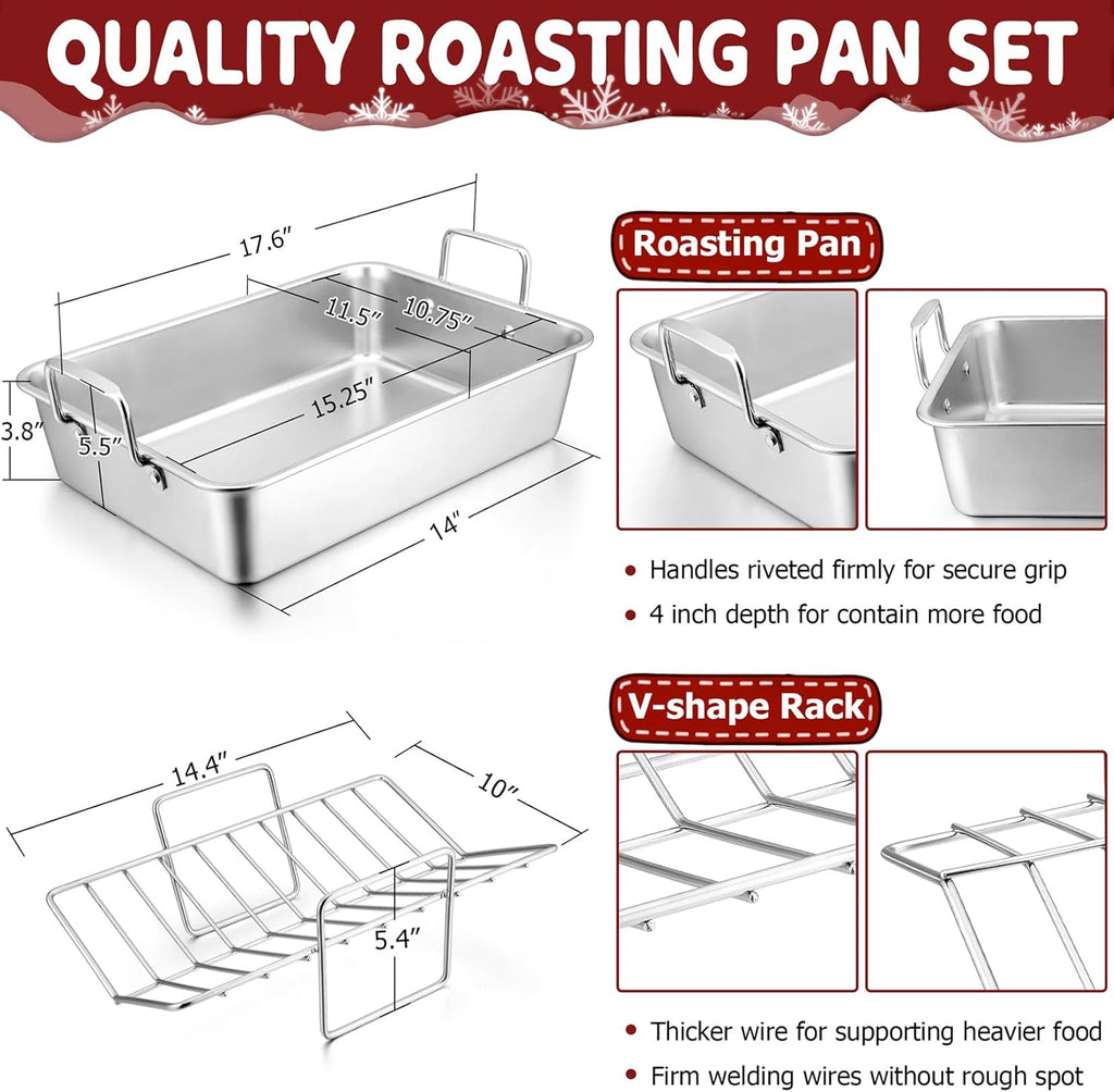 Roasting Pan with Rack for Turkey Chicken, Joyfair Stainless Steel Roaster Pan and V-rack for Toaster Oven, Rectangular Bakeware with Sturdy Handles, Heavy Duty & Dishwasher Safe (Large)