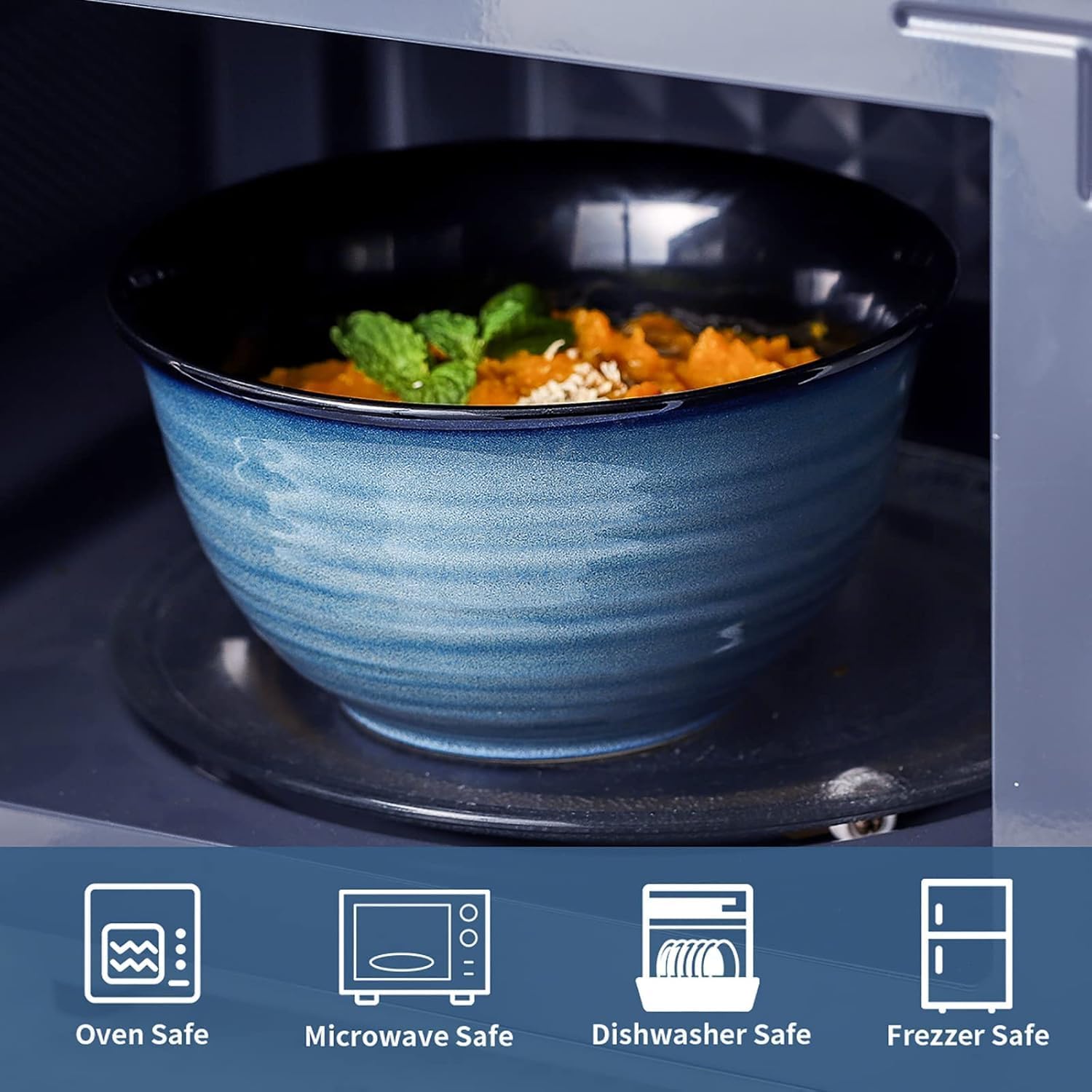 MEKY Soup Bowls Set of 4,40 OZ Large Ceramic Bowls - 7 Inch Deep Bowls for Ramen, Pho, Salad, Pasta, Cereal, Dishwasher & Microwave Safe Stackable Serving Bowls(Blue)