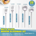 Matte Silverware Set for 4,Modern Stainless Steel Brushed Cutlery Set,20-Pieces Heavy Duty Flatware Set,Knives Spoons and Forks Set Utensils Set, Satin Finish, Dishwasher Safe