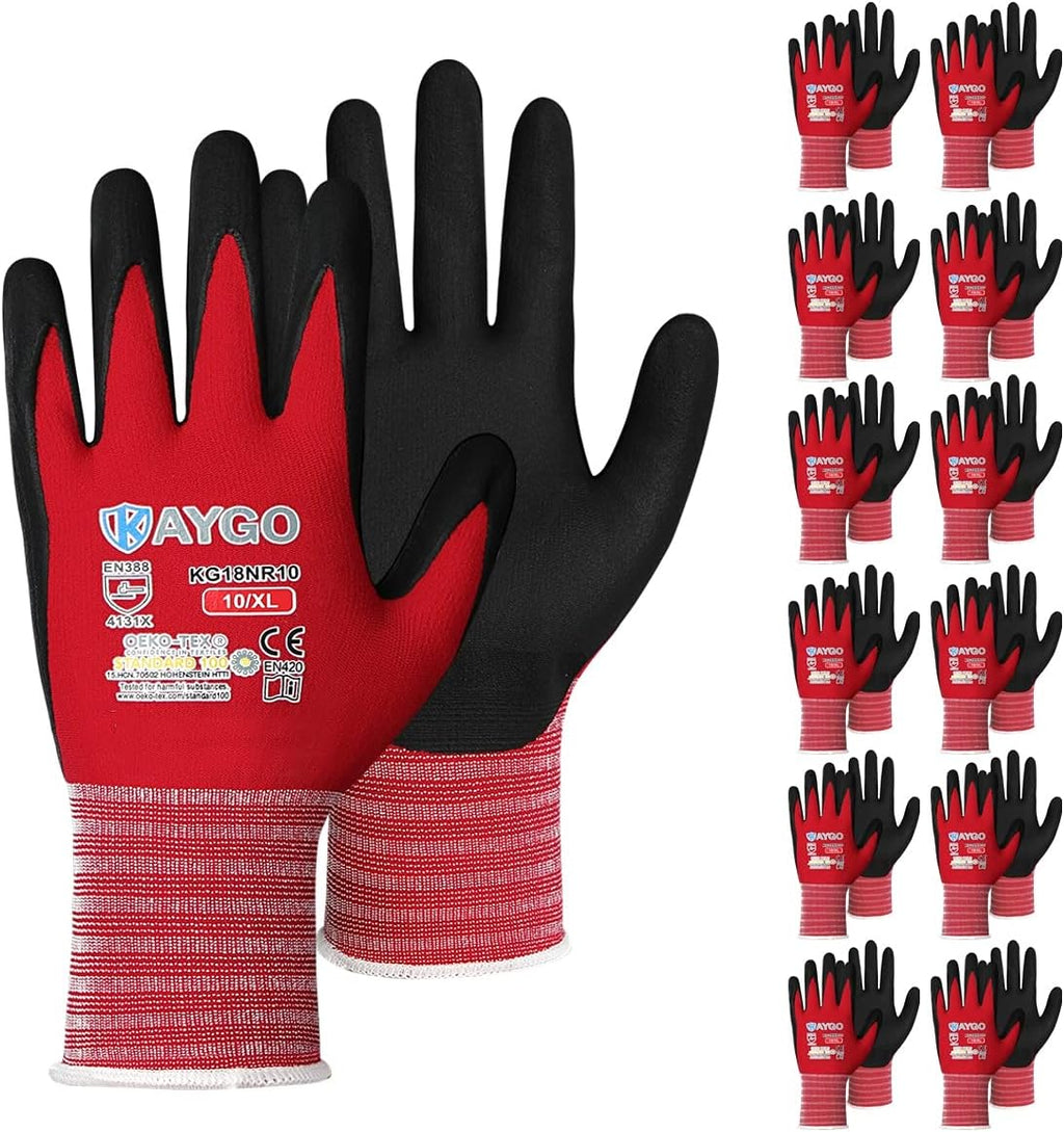 KAYGO Safety Work Gloves MicroFoam Nitrile Coated-12 Pairs, KG18NB,Seamless Knit Nylon Glove with Black Micro-Foam Nitrile Grip,Ideal for General Purpose,Automotive,Home Improvement