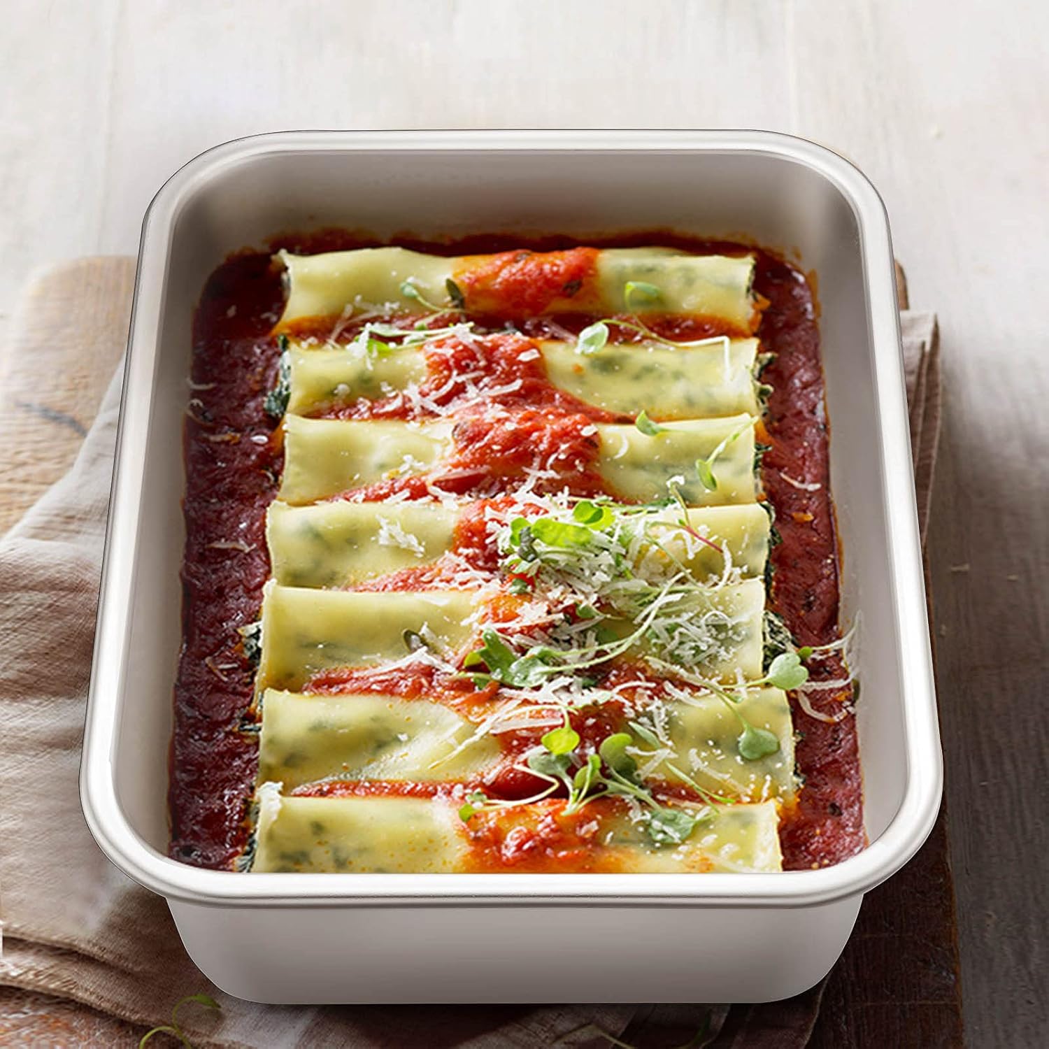 Deep Lasagna Pan Set of 2, E-far Stainless Steel Rectangular Roasting Baking Pans, 12.75 x 10 & 10.6x8.3 Inches Roaster Baking Dish, Non-Toxic & Heavy Duty, Dishwasher Safe