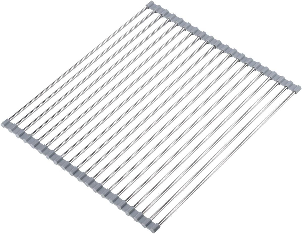 Roll Up Dish Drying Rack Over The Sink 17.7"(L) x 15.6"(W), Multipurpose Foldable Stainless Steel Kitchen Rollable Drainer Rack, Gray