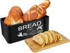 JIGUOOR Black Bread Box, Large Space Saving Vertical Metal Bread Box with Wooden Cutting Board Lid, Holds 2+ Loaves, Farmhouse Bread Bins Kitchen Bread Storage,Kitchen Parts Box 12.99" x 7.08" x 4.72"
