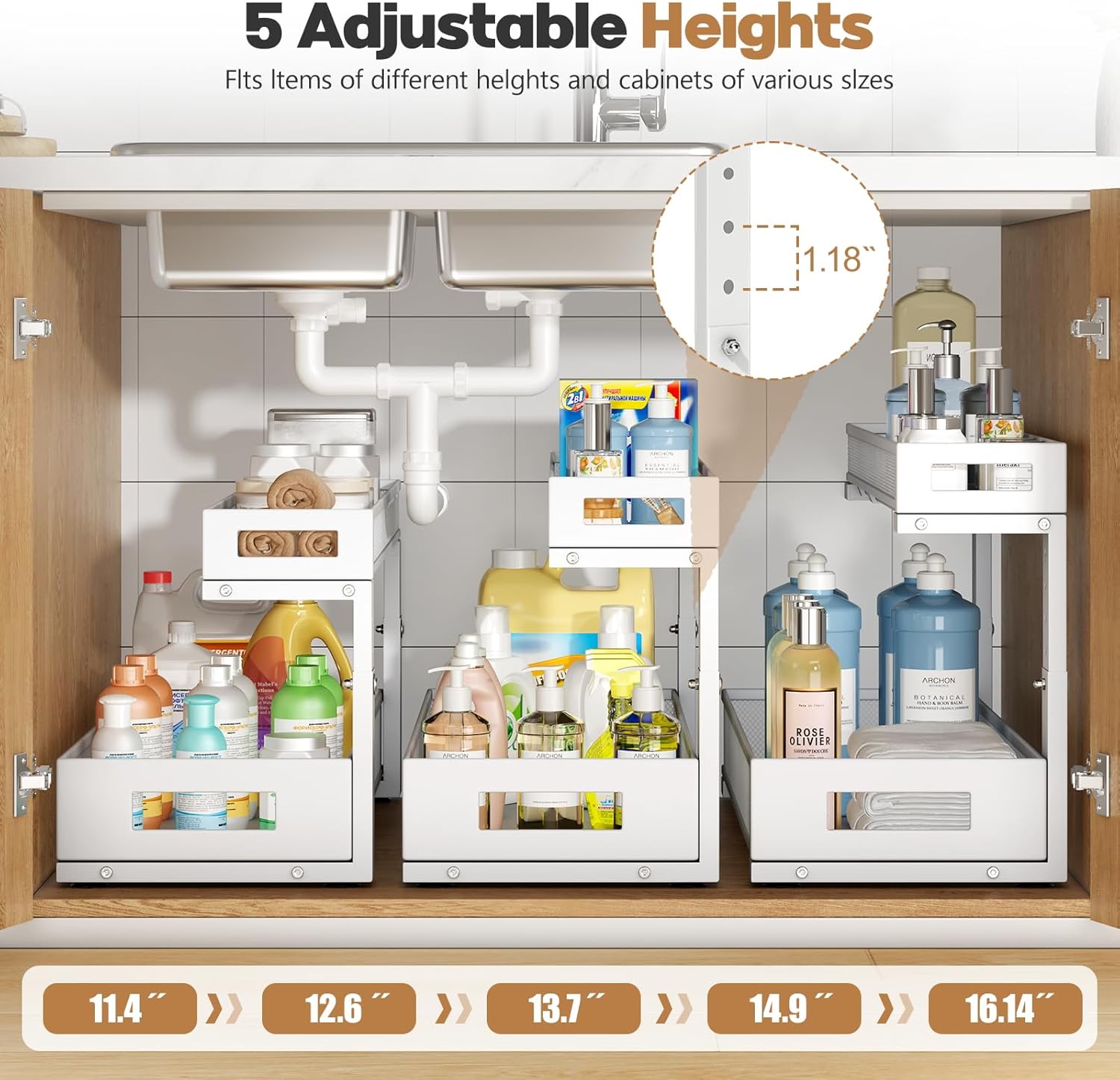 1 Pack 20.47IN Depth Under Sink Storage Organizer, Large 2-Tier Elegant Mesh Pull Out Shelf for Kitchen and Bathroom Cabinet Organization, L-Shaped and Adjustable Height Design-White
