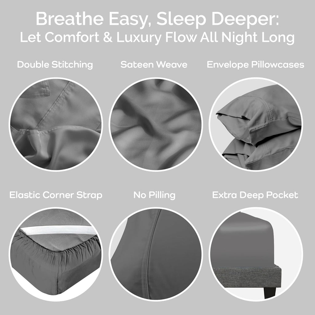 100% Viscose from Bamboo Sheets Full Size, Super Soft Bedding Set, 4PC Cooling Sheets for Hot Sleepers, Vegan Silk Moisture Wicking, Organically Grown Bedsheet, Steel - 54" x 75"