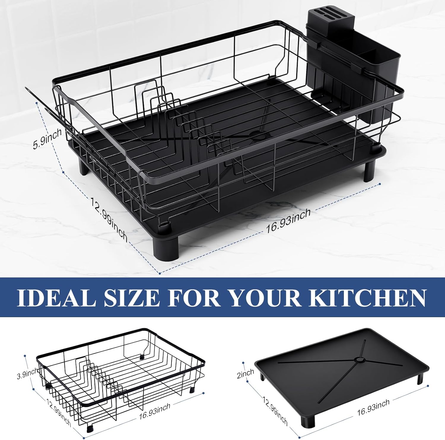 Homaxy Dish Drying Rack for Kitchen Counter (16.93''L x 12.99''W), Space-Saving Dish Drainer Rack Set with Drainboard, Large Dish Rack with Utensil Holder, Cup Rack and Knife Slots, Black