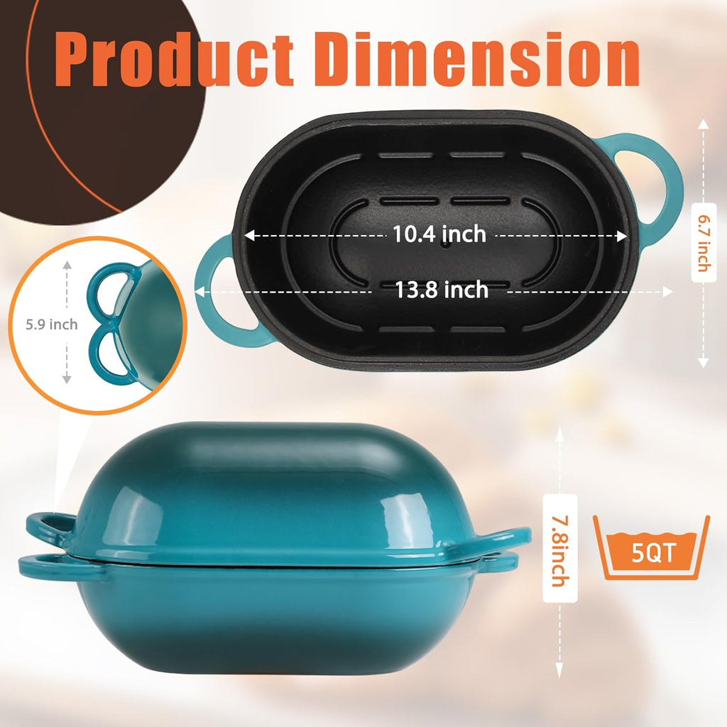 Enameled Cast Iron Bread Oven, 5QT Loaf Cast Iron Bread Pan with Lid, Oval Dutch Oven for Homemade Bread Baking (Gradient Blue-green)