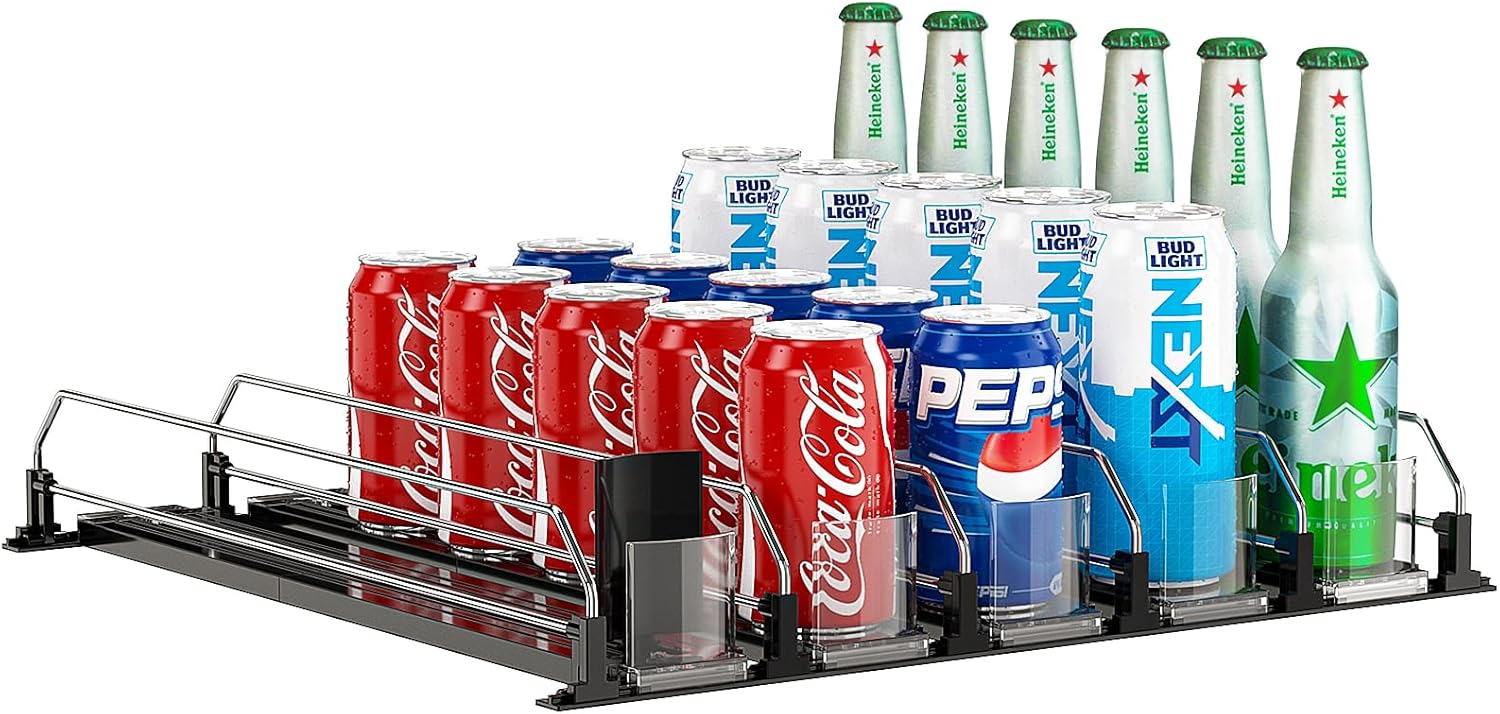 Soda Can Dispenser, Self-Pushing Drink Organizer, Width Adjustable Fridge Organization, Beer Pop Can Water Bottle Dispenser (15.1"D) White (5 Row, Black)