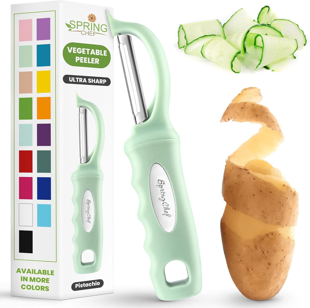 Spring Chef Premium Swivel Vegetable Peeler, Comfortable Handle and Ultra Sharp Stainless Steel Blades - Perfect Kitchen Peeler For Veggie, Fruit, Potato, Carrot, Apple - Pistachio