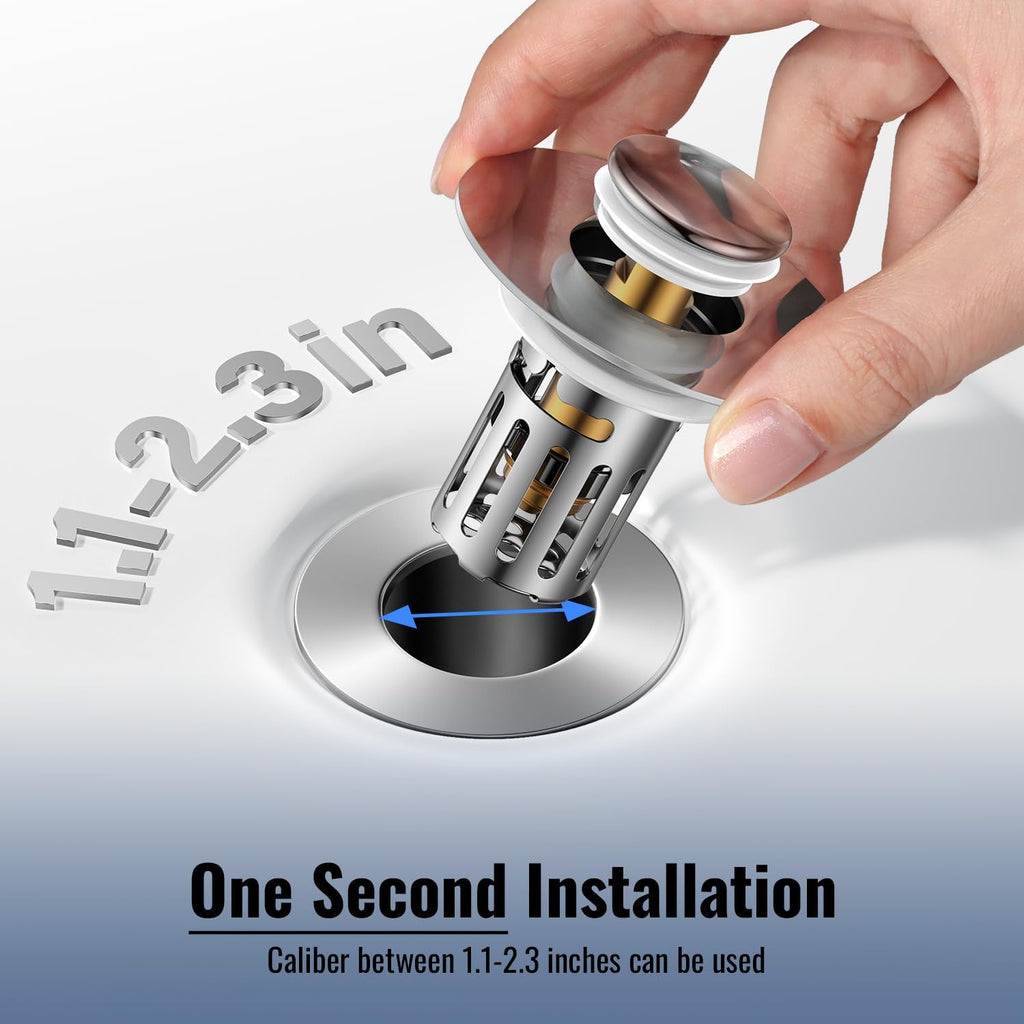 (2 Pc) All Metal Bathroom Sink Stopper Fit 99% - 3 in 1 Universal Pop Up Sink Stopper with Removable Stainless Steel Filter Basket Hair Catcher - for 1.1'' to 2.36'' Basin - Brass Core, 7000+ Tested