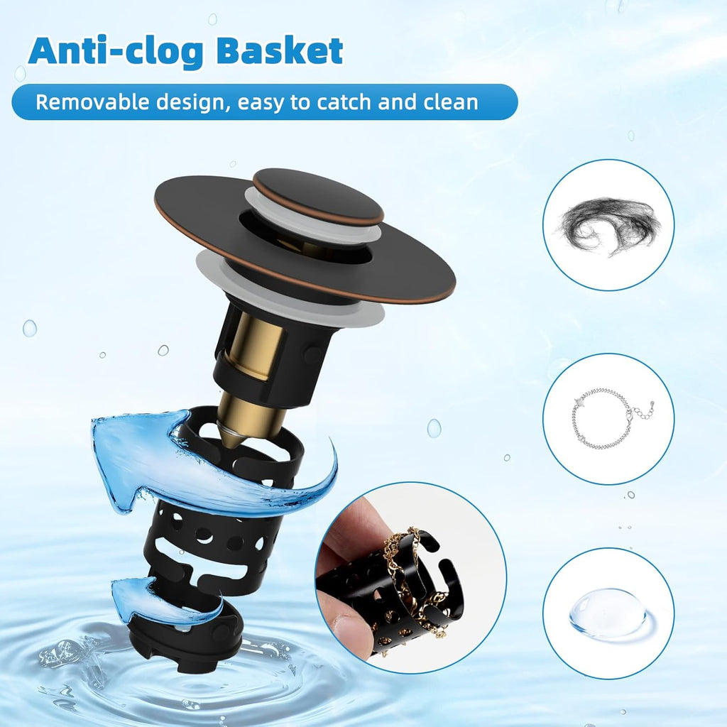 Universal Bathroom Sink Stopper Hair Catcher Upgraded with 2-Layer Detachable Filter Basket, 4 in 1 Pop Up Drain Strainer, Anti-Clog, Odor-Block, Fit for 1.1''~2.36'' Sinks, Oil Rubbed Bronze