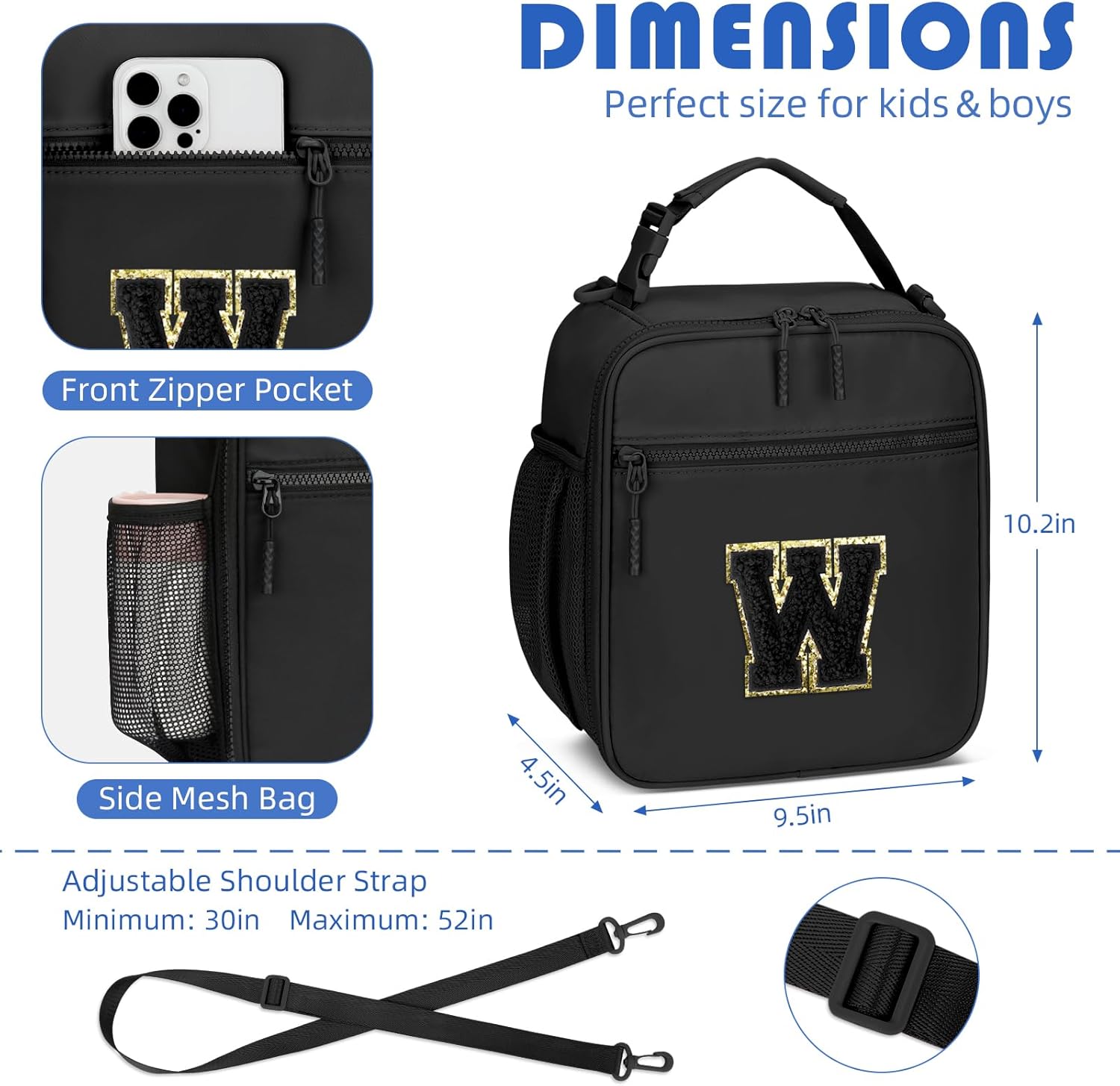 Initial Insulated Lunch Bag for Boys Kids, Back to School Gift, Reusable Leak-proof Lunch Box with Adjustable Strap for School Daycare Travel Picnic（Black，W）