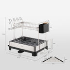 SUNLY 2 Tier Dish Drying Rack, Extra Large Dish Rack, Multifunctional Large Dish Drainers for Kitchen Counter, 304 Stainless Steel Kitchen Drying Rack, Bowl Drying Rack, Extendable Drain Spout, Black