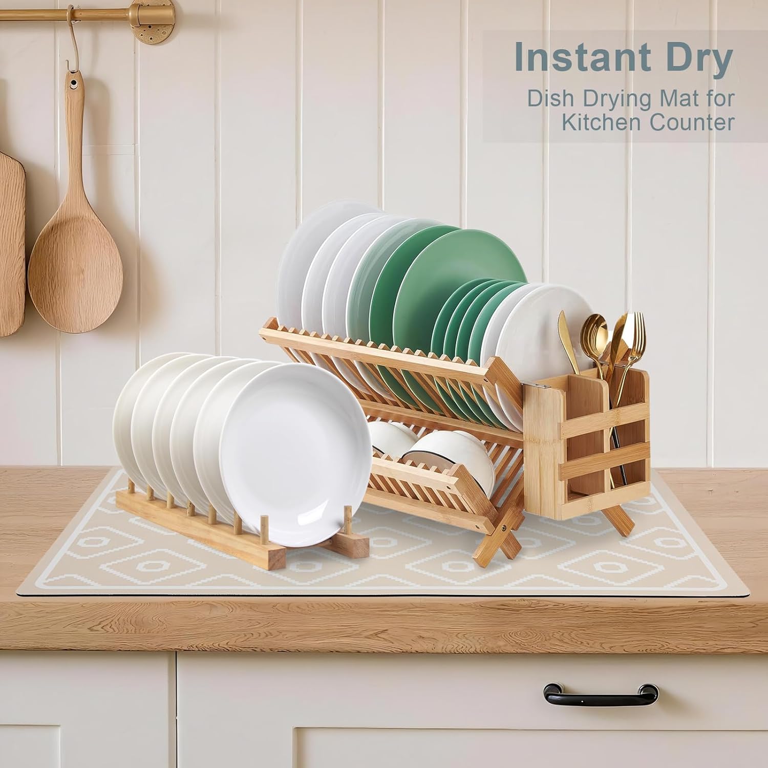 SUEH DESIGN Dish Drying Mat, Absorbent Coffee Mat 19.6 x 11.8 in Quick Dry Kitchen Drying Dish Drain Mat for Kitchen Counter Coffee Bar, Khaki