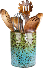 Utensil Holder, Ceramic Kitchen Utensil Holder for Countertop, Large Cooking Utensil Crocks for Kitchen Counter, Morden Utensil Organizer for Spatula, kitchen Decor,Green & Blue