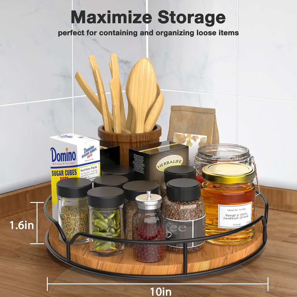 Lazy Susan Turntable Organizer with Anti-Slip Mat for Cabinet Pantry Kitchen Countertop Refrigerator Office, Pine Wood, 10", Carbonized Black