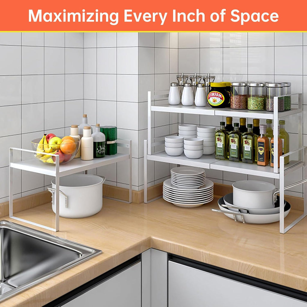 Adjustable Kitchen Shelf Organizer 9", (2 Pack) Heavy-Duty Cabinet Shelves for Countertop, Pantry & Microwave, Expandable Space-Saving Storage Rack with Non-Slip Pads, White