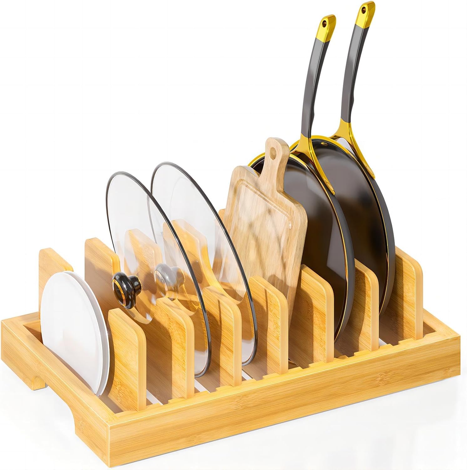 Bamboo Pot and Pan Organizer, Pot Lid Organizer Holder Rack for Countertop Drawer, Kitchen Cabinet Organizer with 7 Adjustable Dividers for Pots, Pans, Baking Sheets, Cutting Boards, Nature