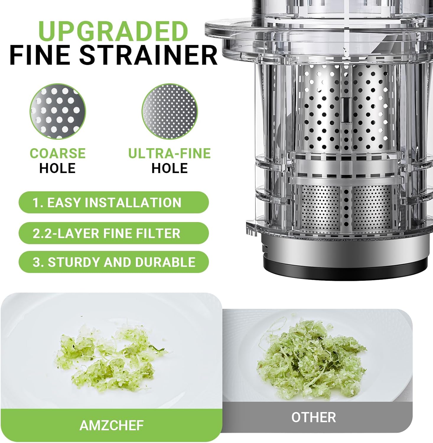 AMZCHEF Cold Press Juicer, 3.1" Juicer Machines with Large Feed Chute for Whole Fruits & Vegetables, Stainless Steel Juice Extractor with Large Auger, Dual Strainers, Easy Cleanup & Assembly