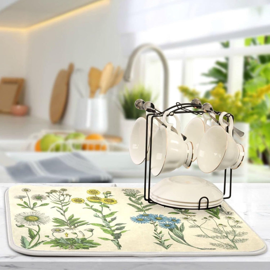 Herbs Flowers Botanical Plant Dish Drying Mat for Kitchen Counter Absorbent Microfiber Drying Pad, Large 18x24 in, Reversible Drainer Mats