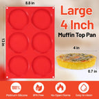 Jumbo Muffin Top Pan, 4 Inch Extra Large Egg Baking Pan for Oven Silicone Molds for Breakfast Sandwiches, English muffins, Whoopie Pies, Corn Bread, Egg bites, 2 Pack Red