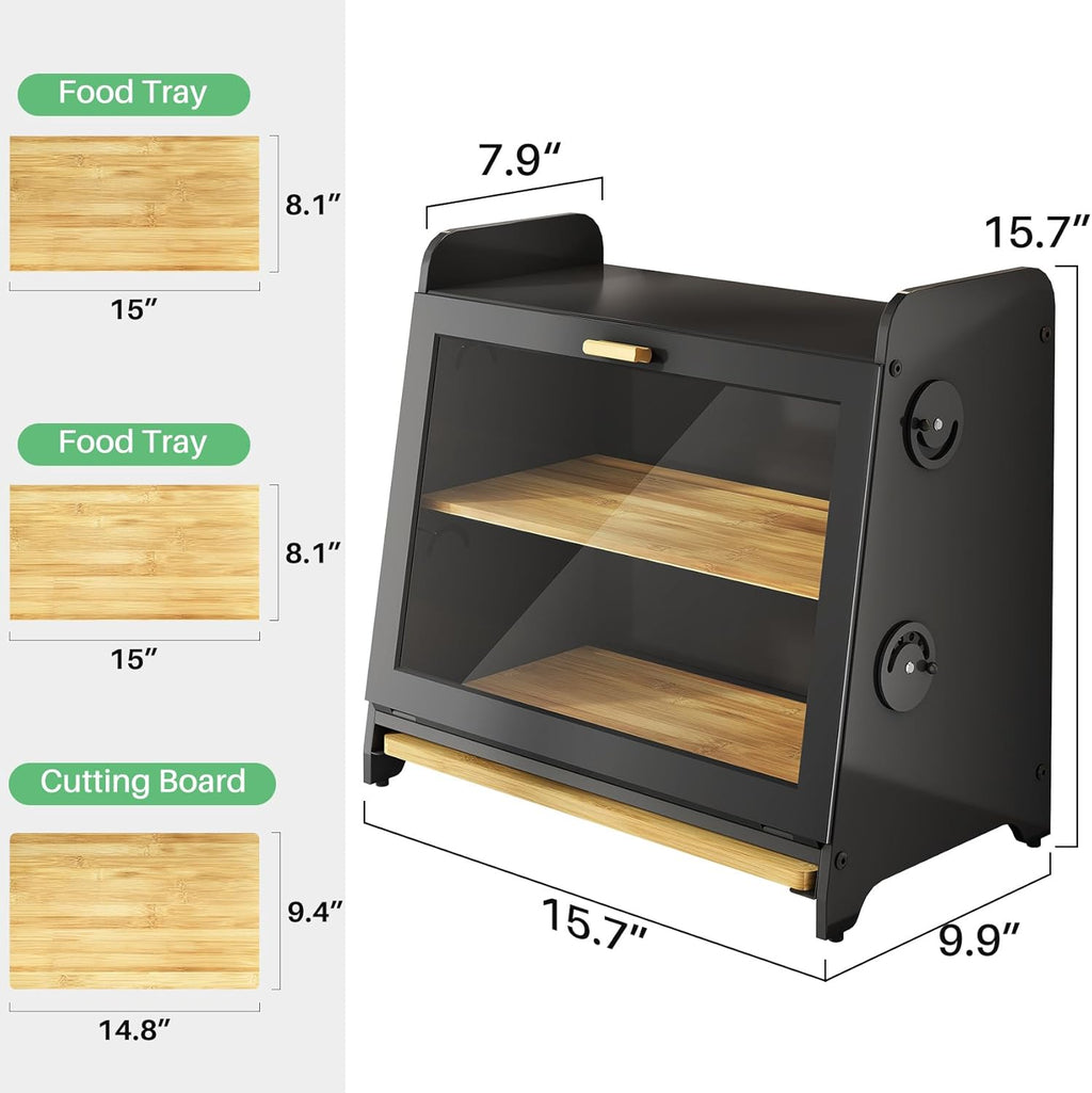 SNTD Bread Box, Wooden Bread Storage Container for Kitchen Countertop with Bamboo Cutting Board, Black (L)