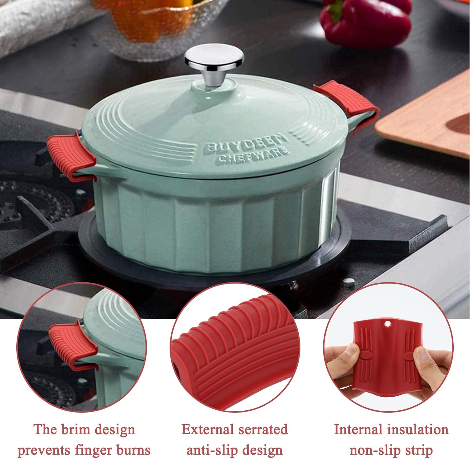 6 Pack Silicone Hot Handle Holder Cover, Heat Resistant Pot Handle Covers, Cast Iron Handles Cover for Frying Pans Skillet Griddles Cookware (Red)