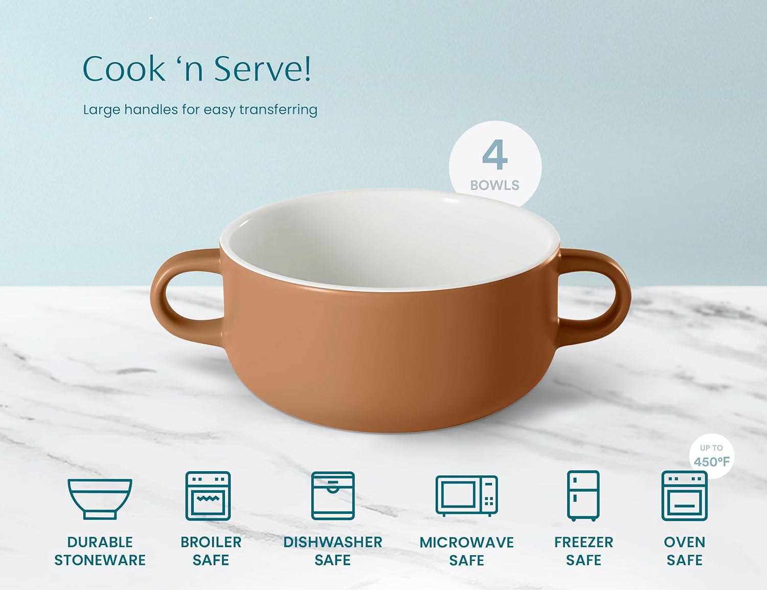 Kook Soup Crocks, Ceramic Bowls, Broil, Oven, Microwave and Dishwasher Safe, with Handles, For Casserole, Pasta, Cereal, 18 oz, Set of 4 (Caramel)