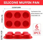 3-Pack 6-Cup Silicone Muffin Pans, Nonstick Cupcake Baking Molds, BPA/PFA-Free, Dishwasher & Oven Safe - Red