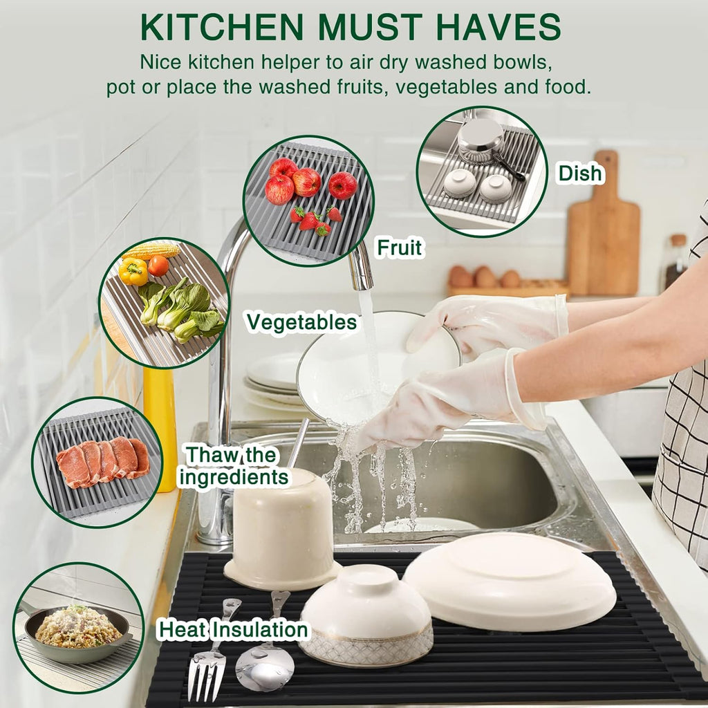 Roll Up Dish Drying Rack Over The Sink Kitchen Roll Up Sink Drying Rack Multipurpose Foldable Sink Drying Mat, Heat-Resistant, Anti-Slip & Anti-Rust Dish Rack for Kitchen, 17" x 13", Black