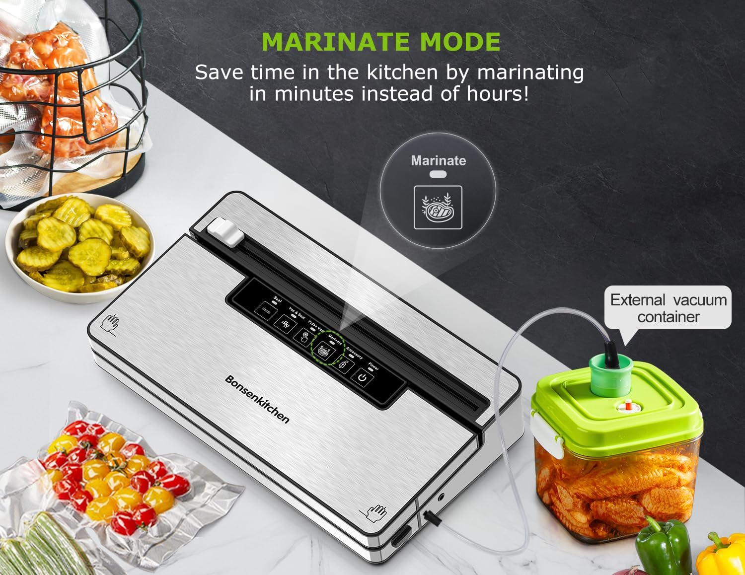 Bonsenkitchen Vacuum Sealer Machine, Stainless Steel Food Sealer Vacuum Sealers with 30 Bags & 1 Roll, 5 Food Vacuum Modes, Built-in Cutter & Bag Storage (Silver Black)