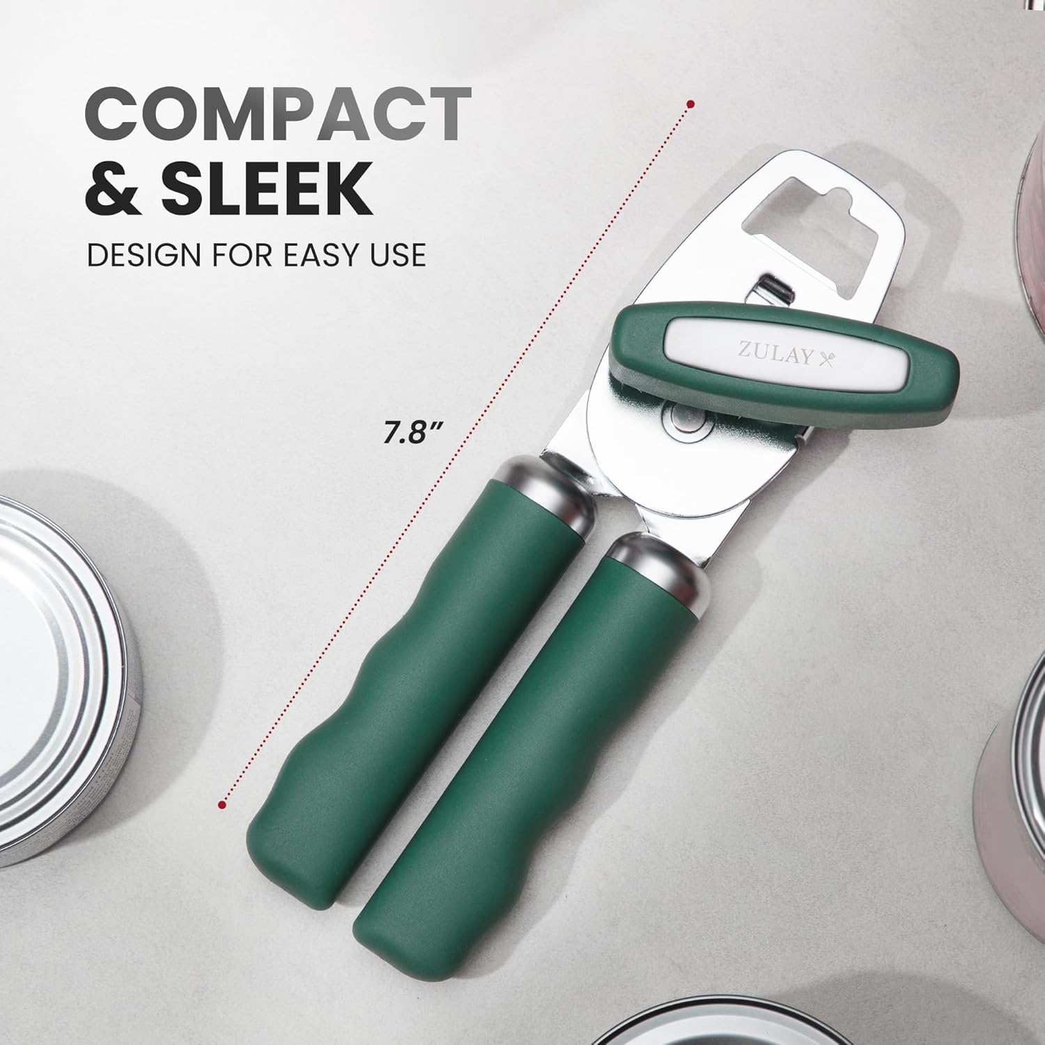 Zulay Kitchen Heavy Duty Stainless Steel Can Opener Manual with Bottle Opener - Rust Proof Manual Can Opener With Turn Knob & Comfy Soft Grip Handles - Pine Green