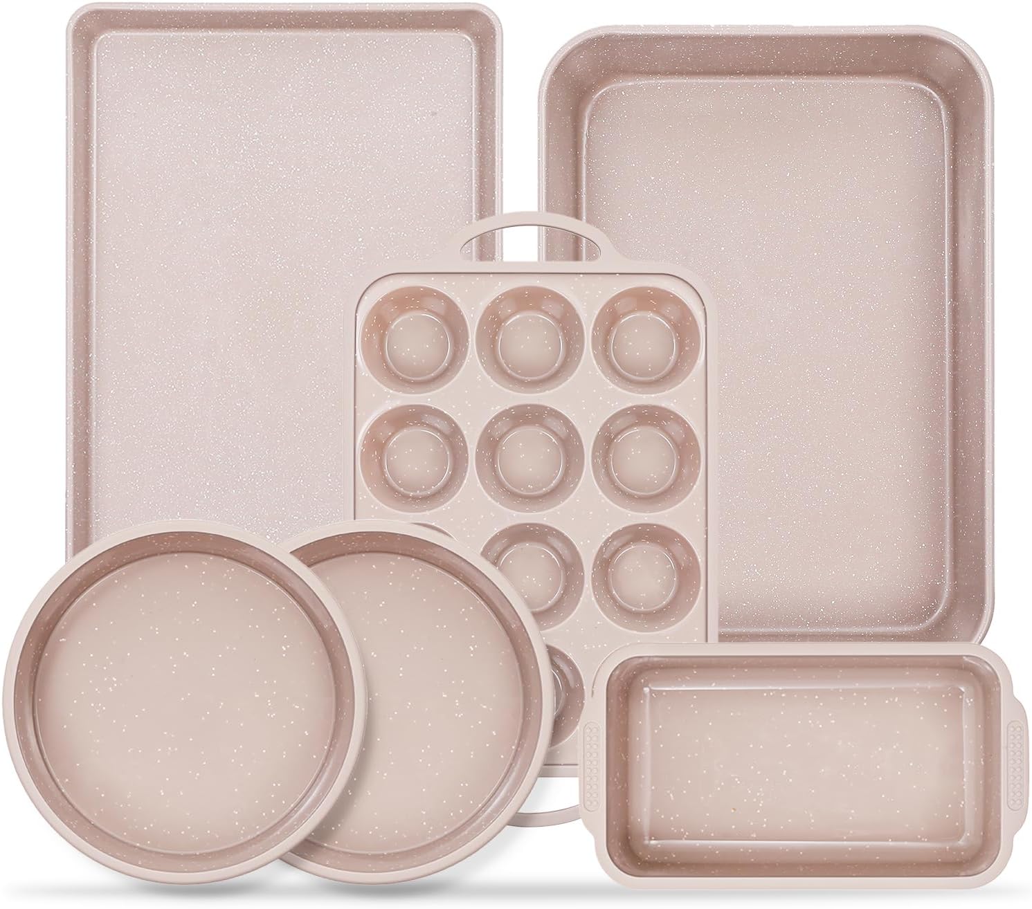 Vinino 6-Piece Baking Pans Set Nonstick, Bakeware Set includes Silicone Muffin, Loaf, Cake Pans with Metal Reinforced Frame. And includes Carbon Steel Roasting Pan, Cookie Sheet for Oven