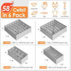 6 Pack Sock Underwear Drawer Organizer Dividers, 58 Cell Foldable Fabric Dresser Closet Organizers and Storage Bins for Clothing, Baby Clothes, Bra, Panty, Scarf, Ties (Grey)
