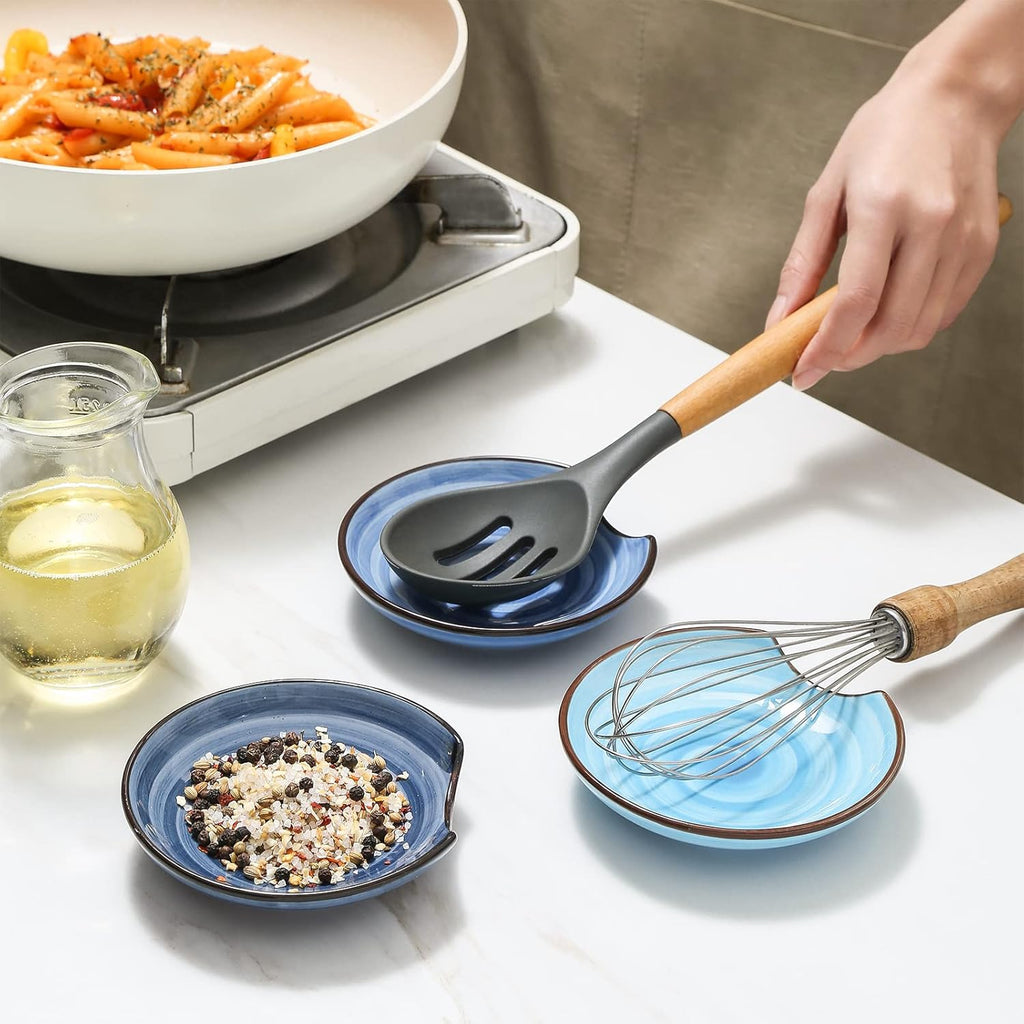 Selamica Ceramic Spoon Rest for Stove Top, 4.6 Inch Cooking Spoon Holder for Kitchen Counter, Stackable Utensil Rest Holder for Spatula, Ladles, Tong, Coffee Spoon, Set of 4, Gradient Blue