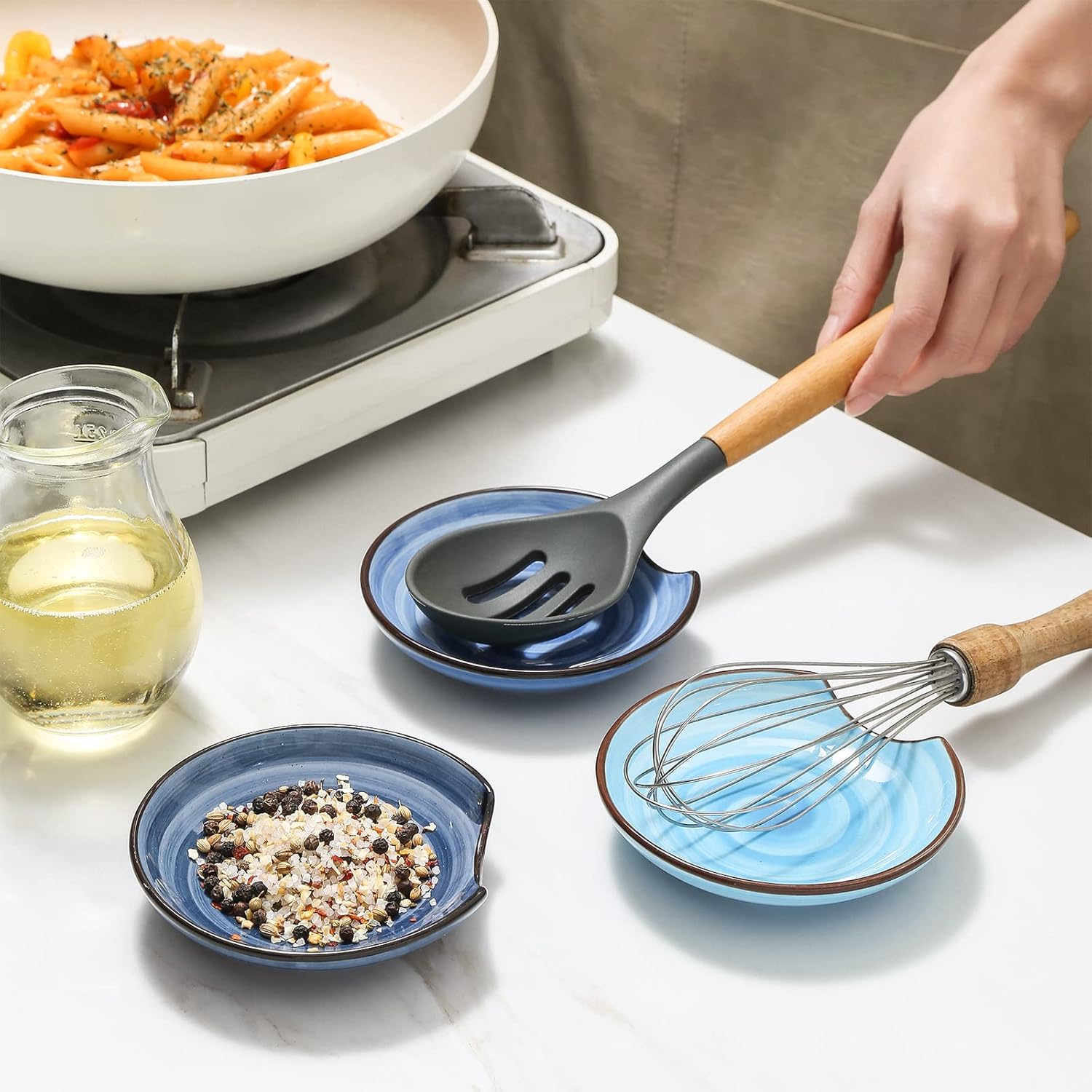 Selamica Ceramic Spoon Rest for Stove Top, 4.6 Inch Cooking Spoon Holder for Kitchen Counter, Stackable Utensil Rest Holder for Spatula, Ladles, Tong, Coffee Spoon, Set of 4, Gradient Blue