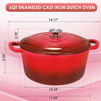LIFERUN 6 Qt Enameled Cast Iron Dutch Oven Pot with Lid，Oven Safe up to 500° F, Non-Stick Dutch Oven with Dual Handles for Bread Baking, Fry Foods, Braising, Stews, Roasting (Red)