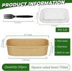 DI QIU REN 50-Pack 25oz Paper Bowls, Disposable Food Containers with Lids and Forks, Rectangular Disposable Salad Bowls for Diet Salad, Pasta (kraft Paper Rectangular, 25oz 50 Count)