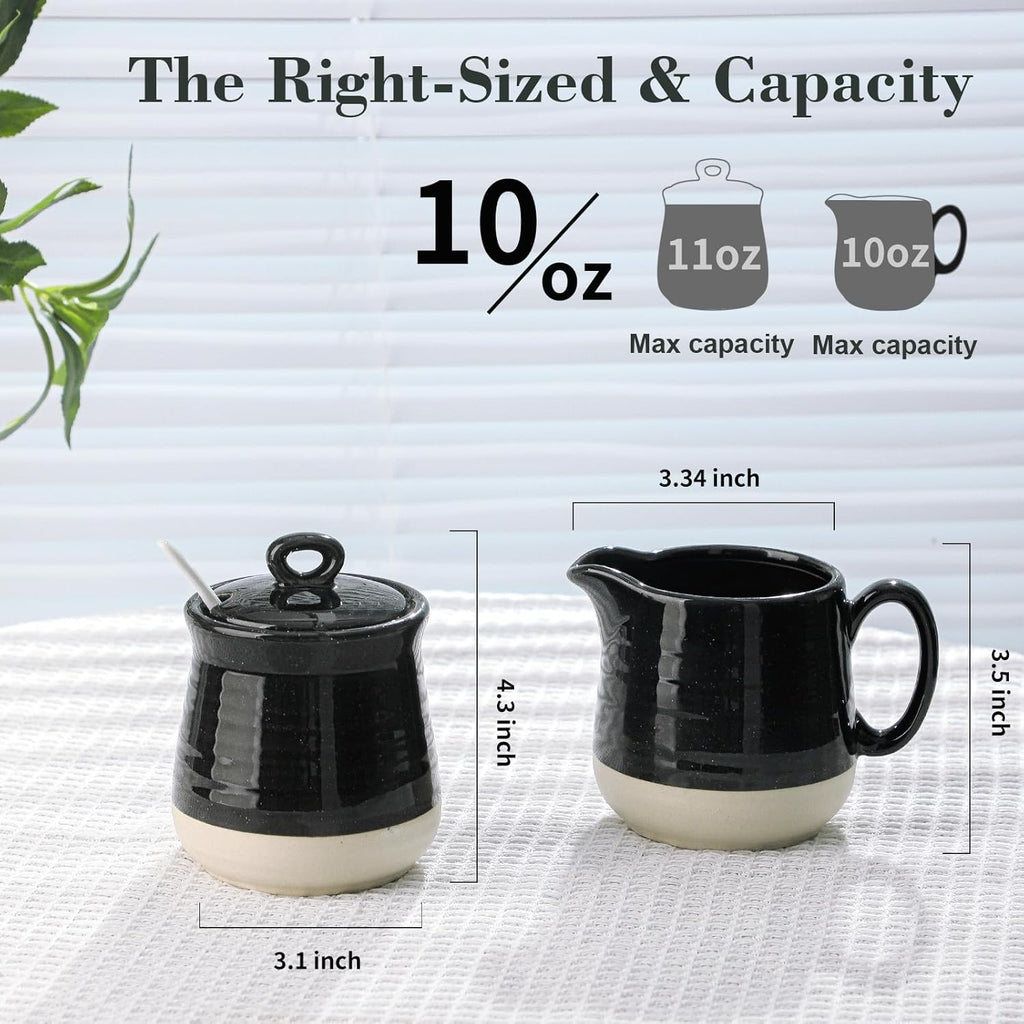 Hasense Sugar and Creamer Set, 3 Piece Porcelain Coffee Serving Set with Cream Pitcher, Sugar Bowl, Lid & Spoon, 10 Ounce Creamer Container and Sugar Pot, Farmhouse Decor (Black)