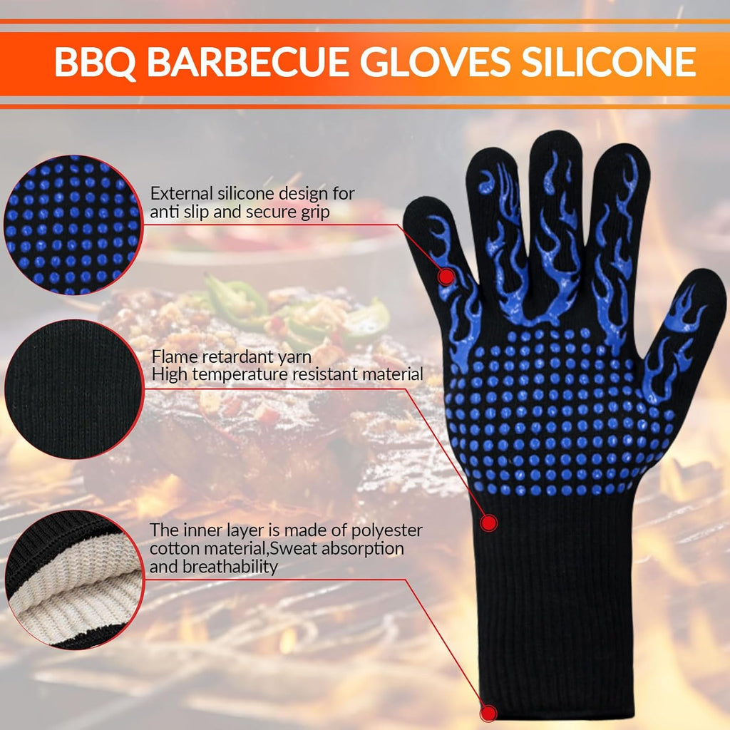 1 Pair Grill Oven Mitts, 1472°F Heat Resistant BBQ Gloves for Cooking, Non-Slip Silicone Oven Gloves, Barbecue Grill Gloves BBQ Mitts (Blue-Flame Pattern)
