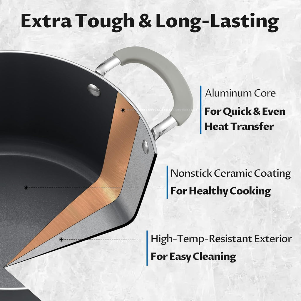 6 Quart Pot with Lid, BEZIA Ceramic Nonstick Stock Pot with Lid, Induction Ready, Large Cooking Pot with Silicone Handle, Compatible with All Cooktops, Dishwasher Safe
