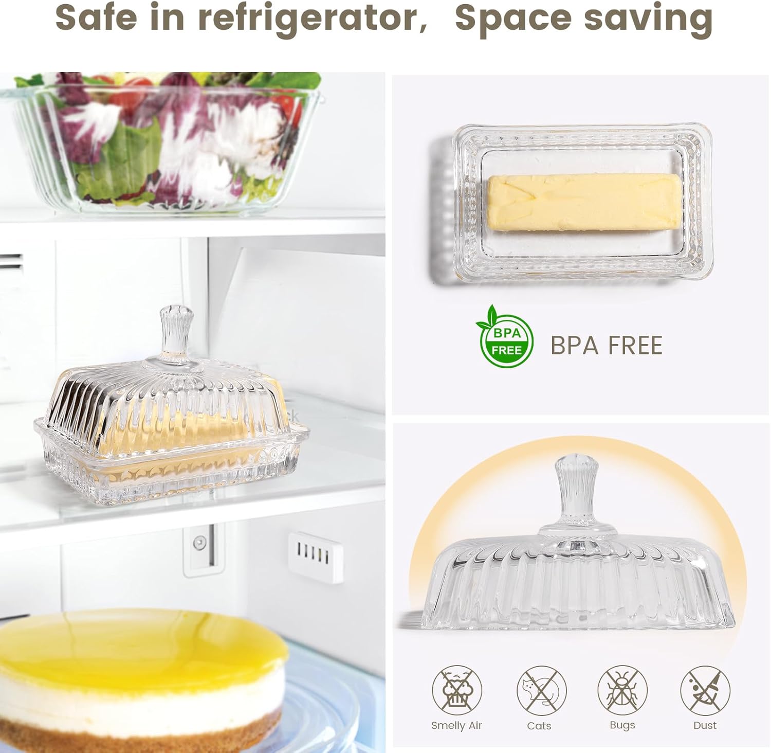 Wide Glass Butter Dish with Cover for Countertop,Vintage Crystal Butter Keeper for Counter,Covered Glass Butter Holder,Butter Holder for Refrigerator,Butter Tray with Two Stick 4oz Butter