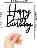 Happy Birthday Cake Topper - Glitter Black Birthday Cake Top Decorations (Black)