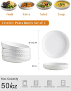 YHOSSEUN 9.75" Pasta Bowls Set of 4, 50 OZ Large Salad Serving Bowls, Ceramic Pasta Plate Bowls, White Soup Bowl, Microwavable Dinner Bowls for Kitchen, Embossed Sunflower